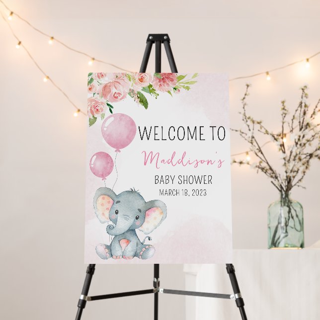 Blush Pink Elephant Baby Shower Welcome Sign (In Situ (Stand))
