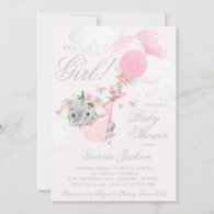 Blush Pink Elephant Balloons Butterfly Baby Shower Invitation