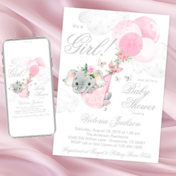 Blush Pink Elephant Balloons Butterfly Baby Shower Invitation by The_Baby_Boutique at Zazzle