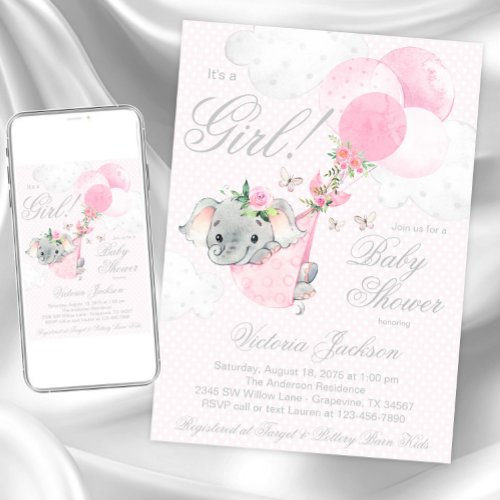 Blush Pink Elephant Balloons Butterfly Baby Shower Invitation