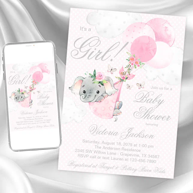 Blush Pink Elephant Balloons Butterfly Baby Shower Invitation | Zazzle