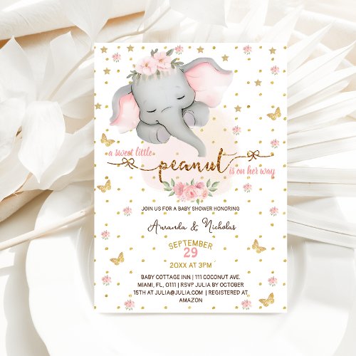 Blush Pink Elephant Gold Floral Baby Girl Shower Invitation
