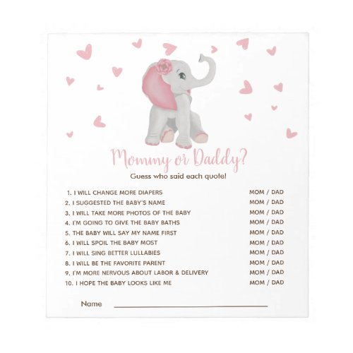 Blush Pink Elephant Guess Who Baby Shower Game Notepad