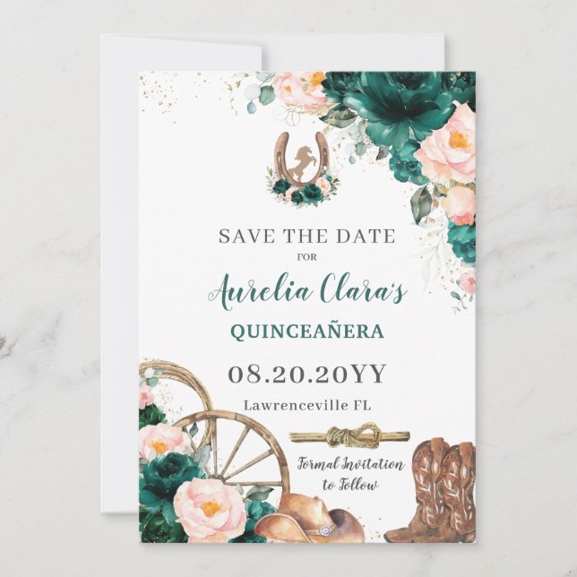 Blush Pink Emerald Green Wild West Quinceañera  Save The Date (Front)