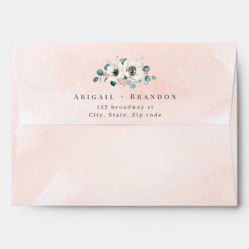 Blush pink eucalyptus anemone floral wedding envelope
