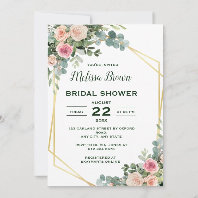 Blush Pink Eucalyptus Floral Bridal Shower Invitation (Front)