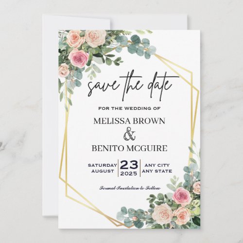 Blush Pink Eucalyptus Floral Gold Geometric Save The Date