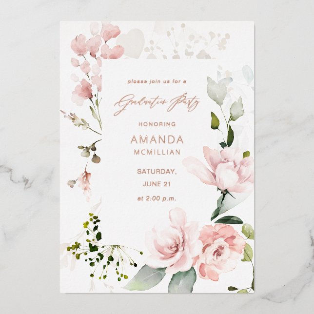 Blush Pink & Eucalyptus Floral Graduation Party Foil Invitation (Front)