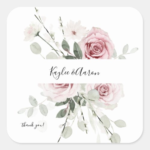 Blush PInk  Eucalyptus Floral Thank You Square Sticker