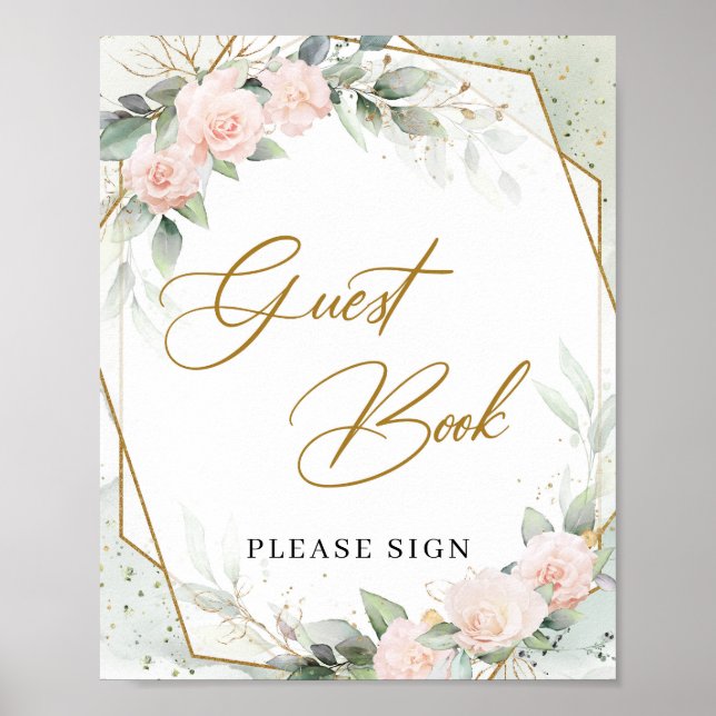 Blush pink eucalyptus gold frame Guest Book Sign (Front)