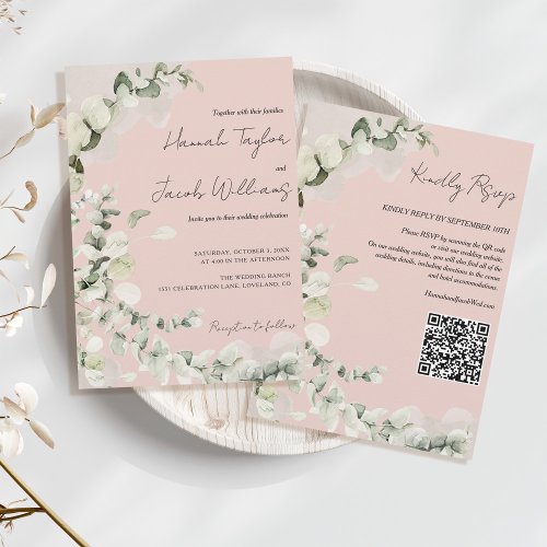 Blush PInk Eucalyptus QR Code Wedding Invitation