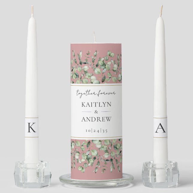 Blush Pink Eucalyptus Together Forever Wedding Unity Candle Set (Front)