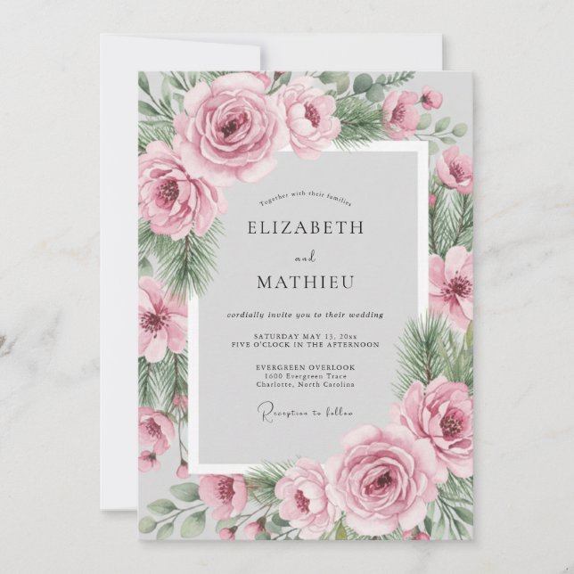 Blush Pink Evergreen Winter Wedding Invitation (Front)