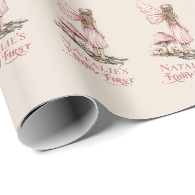 Blush Pink Fairy First Birthday Party Personalized Wrapping Paper (Roll Corner)
