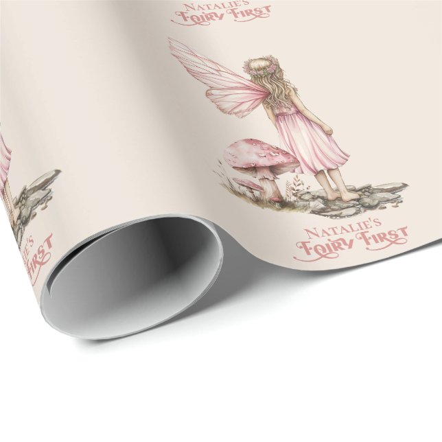 Blush Pink Fairy First Birthday Party Personalized Wrapping Paper (Roll Corner)