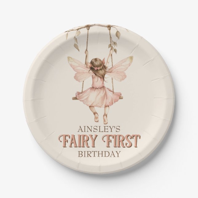 Blush Pink Fairy First Custom 1st Birthday Party Paper Plates (Front)