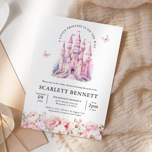 Blush Pink Fairytale Castle Floral Baby Shower Invitation