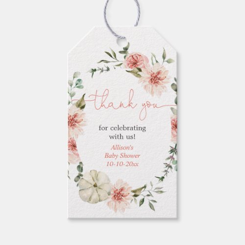 Blush pink fall floral girl baby shower favor tags