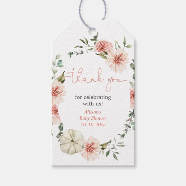 Blush pink fall floral girl baby shower favor tags | Zazzle