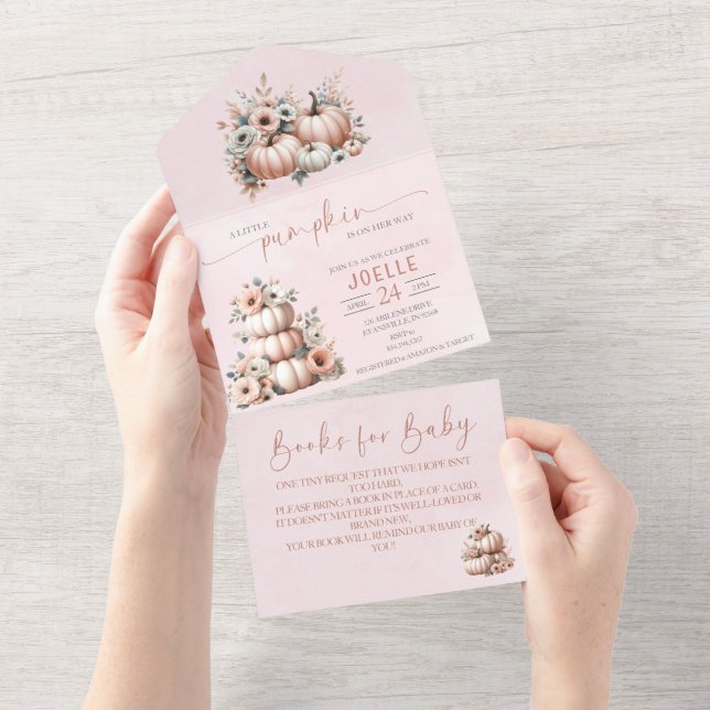 Blush Pink Fall Pumpkin All in One Baby Shower All In One Invitation (Tearaway)