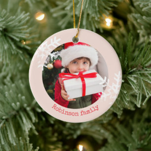 Blush Pink Family Photo Christmas Ceramic Ornament