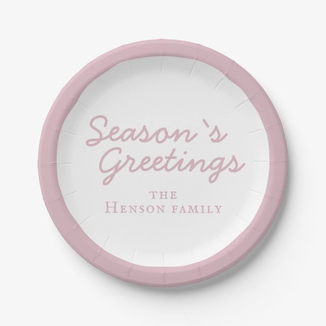 Blush Pink Family Season Greetings Script Holiday Paper Plates (Front)