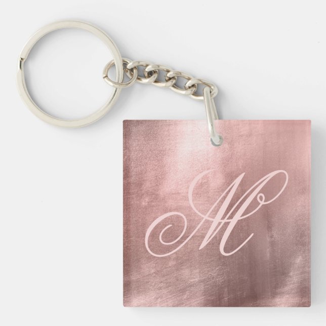Blush Pink Fancy Monogram Rose Gold Foil Photo Keychain (Front)