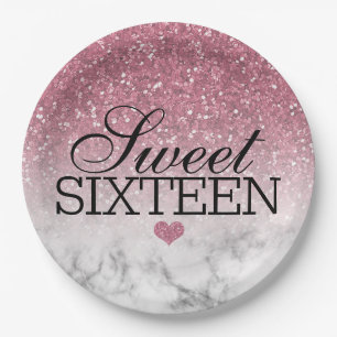 Blush Pink Faux Glitter/Marble Sweet 16 Paper Plates
