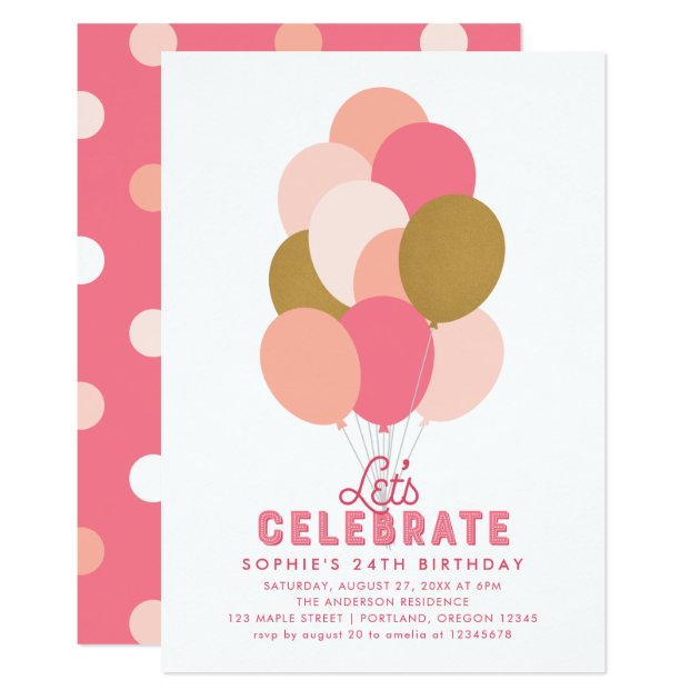 Blush Pink Faux Gold Balloons Any Age Birthday Invitation