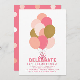 Blush Pink Faux Gold Balloons Any Age Birthday Invitation