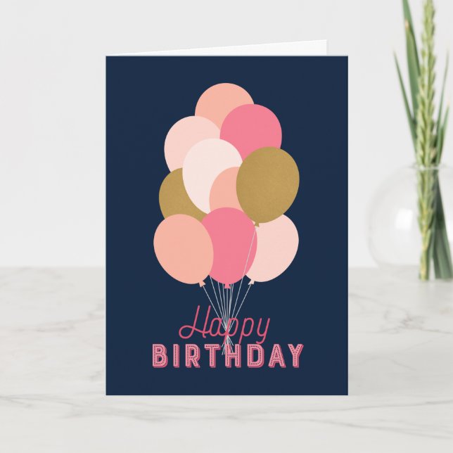 Blush Pink Faux Gold Balloons Blue Happy Birthday Card (Front)