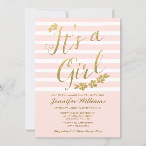 Blush Pink Faux Gold Flowers Girl Baby Shower Invitation