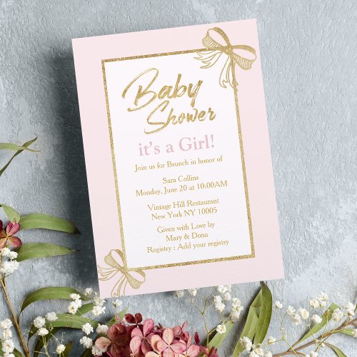 Blush pink faux gold glitter bow Girl Baby Shower Invitation