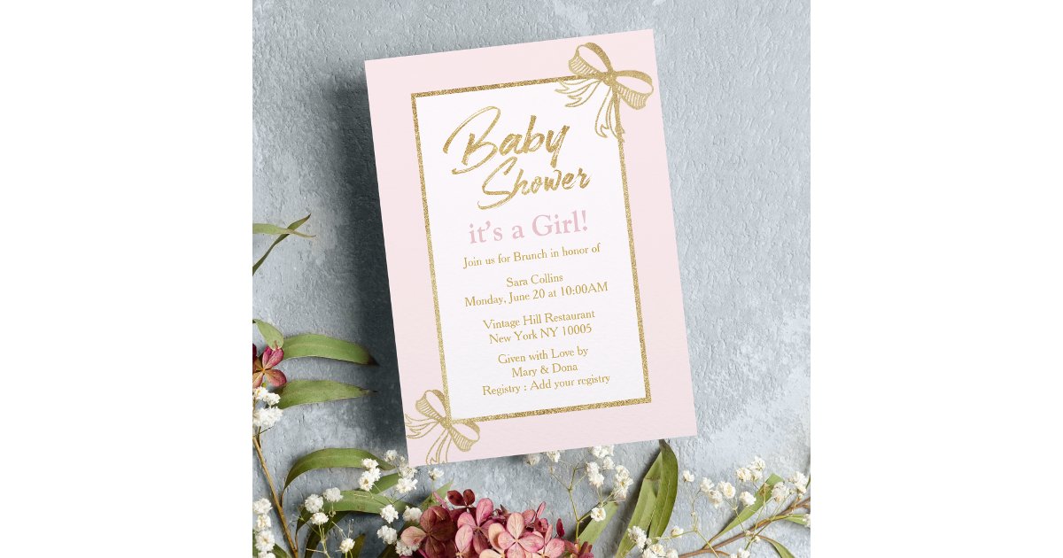 Blush pink faux gold glitter bow Girl Baby Shower Invitation | Zazzle
