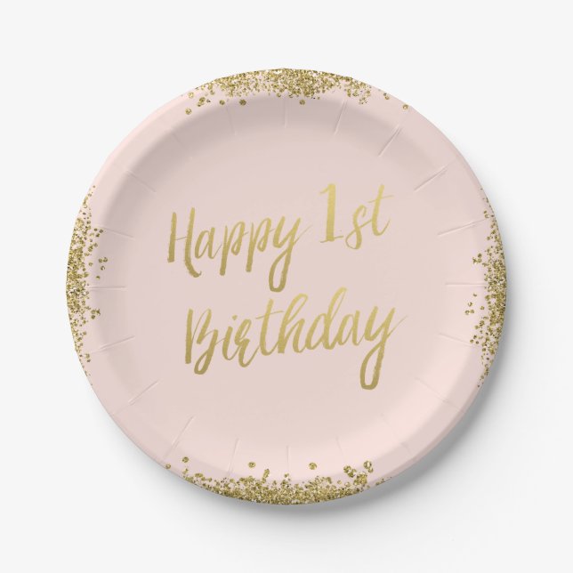 Blush Pink Faux Gold Glitter First Birthday Paper Plates (Front)
