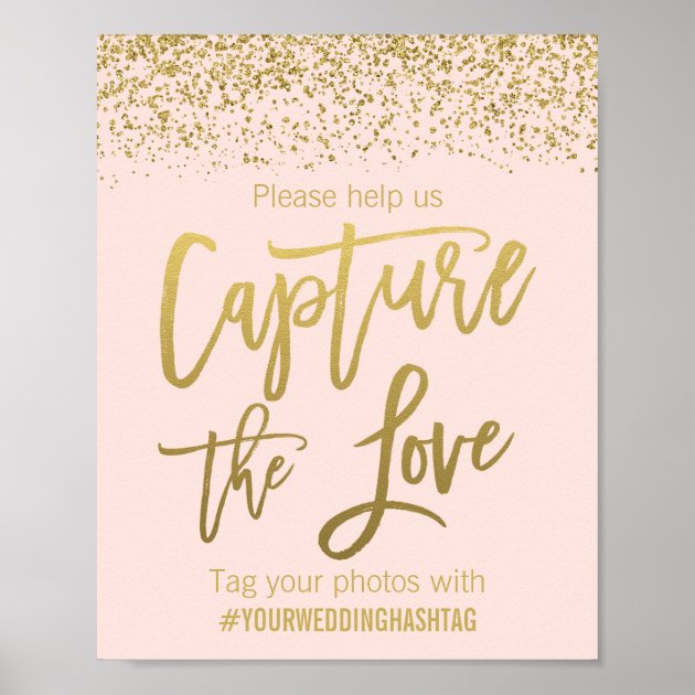 Blush Pink Faux Gold Glitter Wedding Hashtag Sign Poster