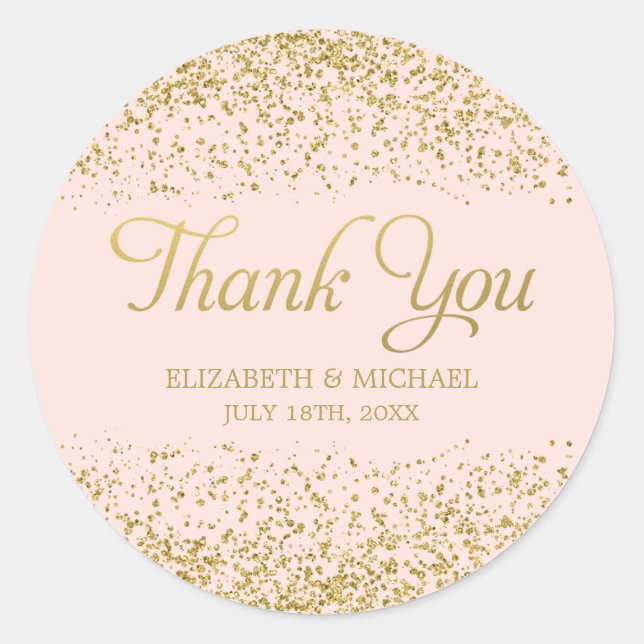 Blush Pink Faux Gold Glitter Wedding Thank You Classic Round Sticker (Front)