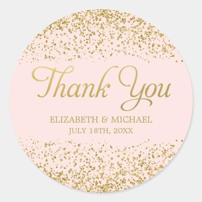 Blush Pink Faux Gold Glitter Wedding Thank You Classic Round Sticker (Front)