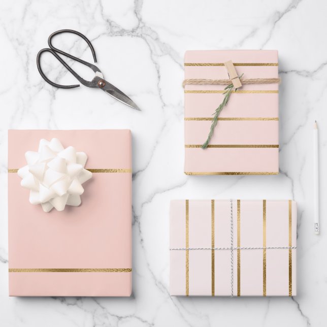 Blush Pink Faux Gold Stripe Pattern Wrapping Paper Sheets (Front)