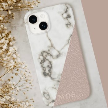 Blush Pink Faux Leather Modern Marble Monogram Iphone 15 Case by mothersdaisy at Zazzle