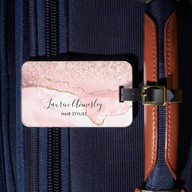 Blush Pink Faux Marble Agate Personalized Luggage Tag (Front Insitu 4)