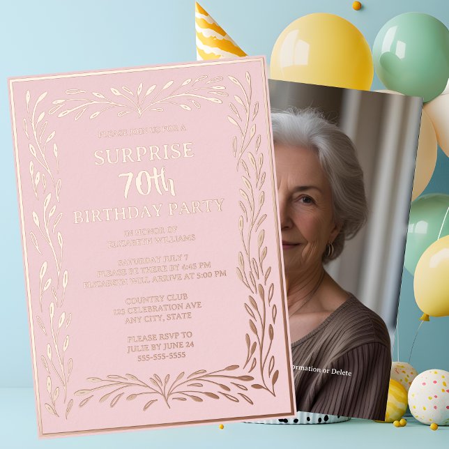 Blush Pink Feminine 70th Custom Surprise Birthday  Foil Invitation (Creator Uploaded)