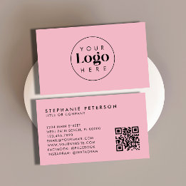 Blush Pink Feminine Custom Company Logo QR Code Business Card