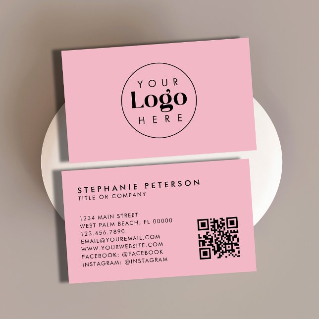 Blush Pink Feminine Custom Company Logo QR Code Business Card (Creator Uploaded)