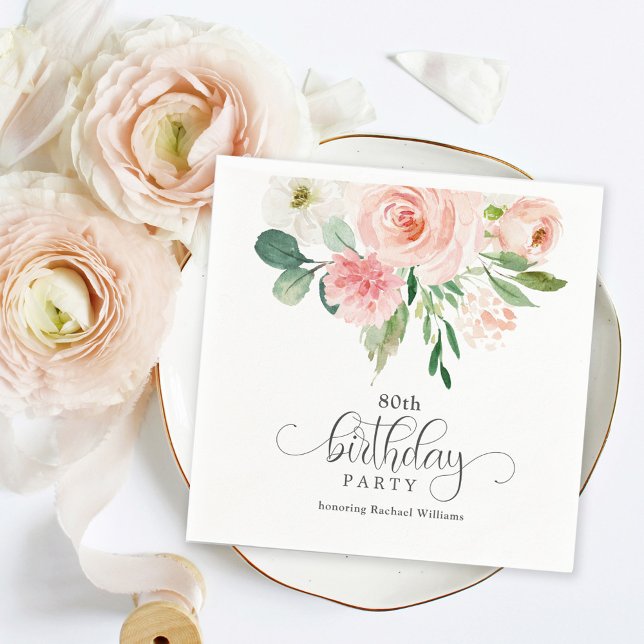 Blush Pink Feminine Floral 80th Birthday Party Napkins (Creator Uploaded)