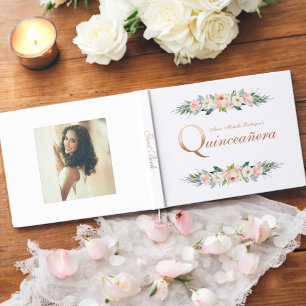 Blush Pink Feminine Floral Quinceañera Foil Guest Book