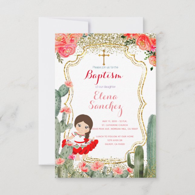 Blush Pink Fiesta Girl Baptism Christening Invitation (Front)