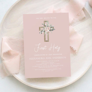 Blush Pink First Holy Communion Floral Invitation