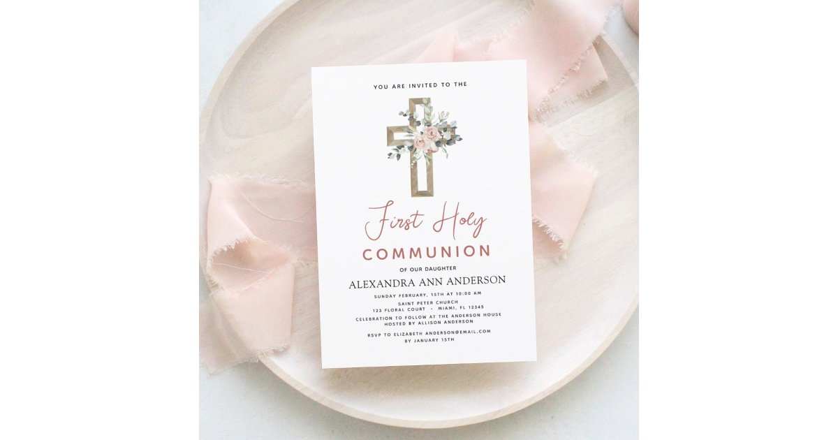 Blush Pink First Holy Communion Floral Invitation | Zazzle
