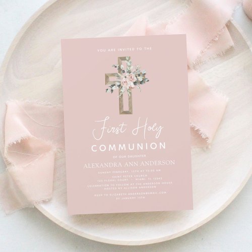 Blush Pink First Holy Communion Floral Invitation